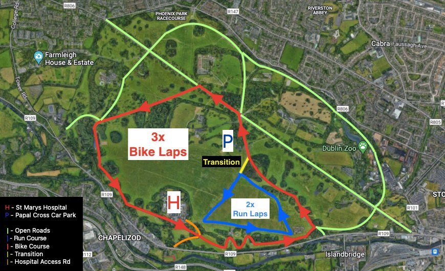 Full course overview — 3 bike laps, 2 run laps, transition